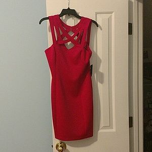 Magenta cocktail dress, A line, sexy straps, gold
